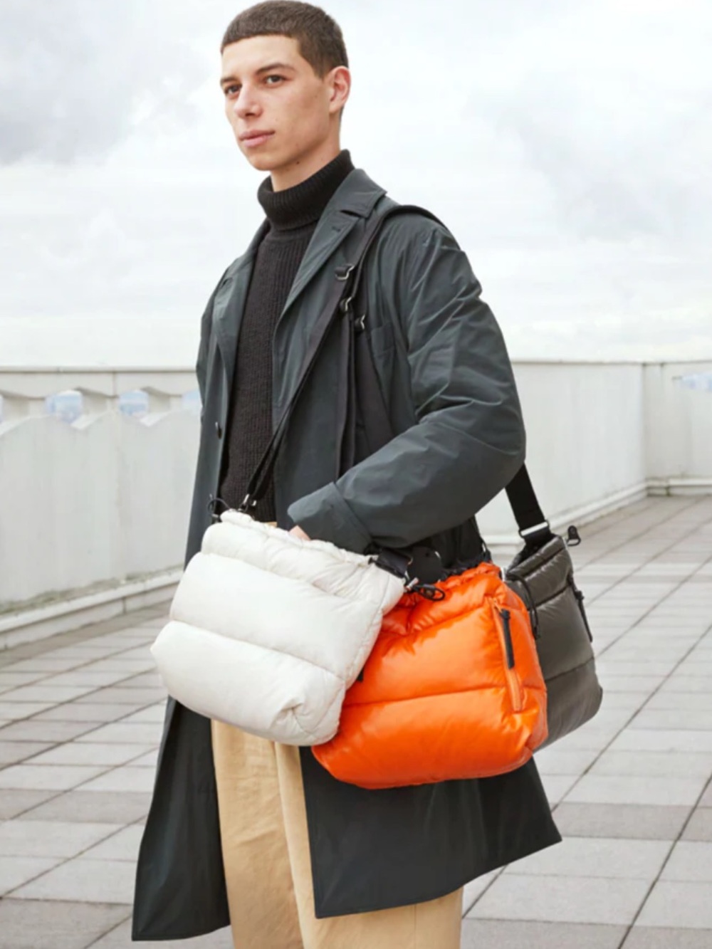 Jack Gomme Bright Orange Quilted Crossbody Tote Bag with Wide Black Strap